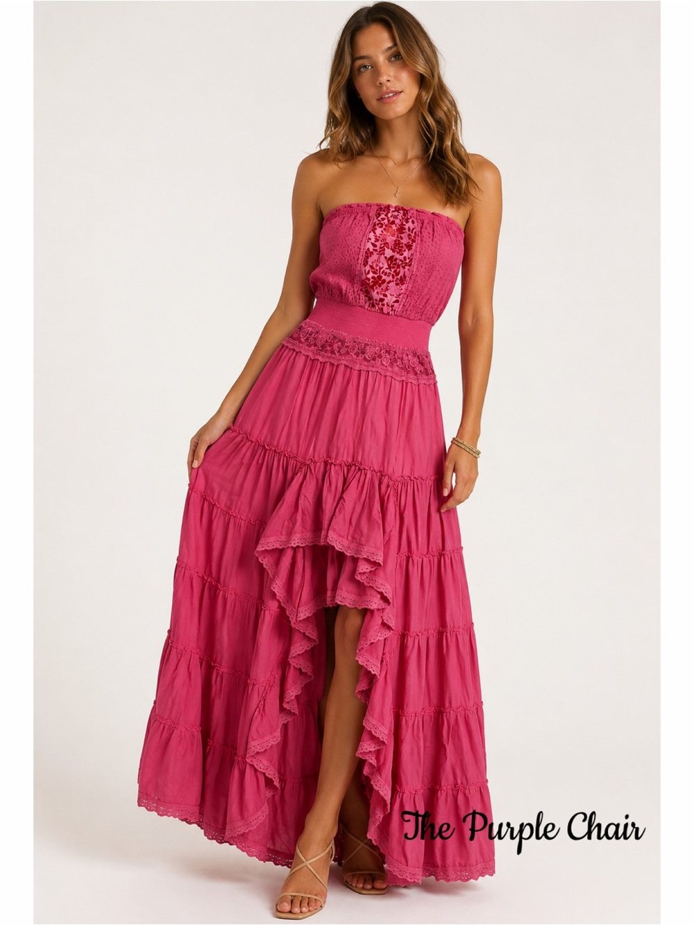 BOSTON PROPER NWT Coral Strapless Smocked Waist Ruffled Hem Hi-Lo Maxi Dress
